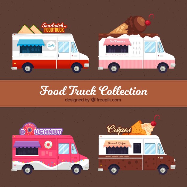 Conjunto colorido de food trucks con postres
