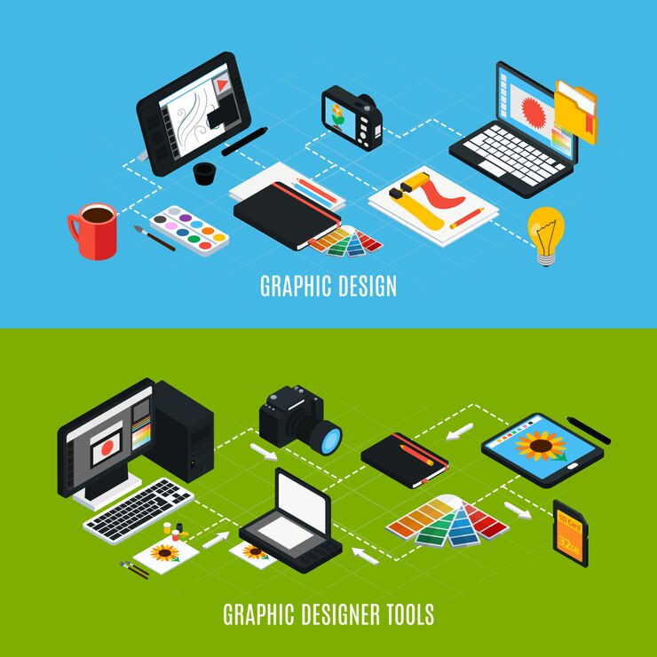 Vector gratuito conjunto colorido isométrico de dos composiciones horizontales de varias herramientas de diseño gráfico 3d ilustración vectorial aislado