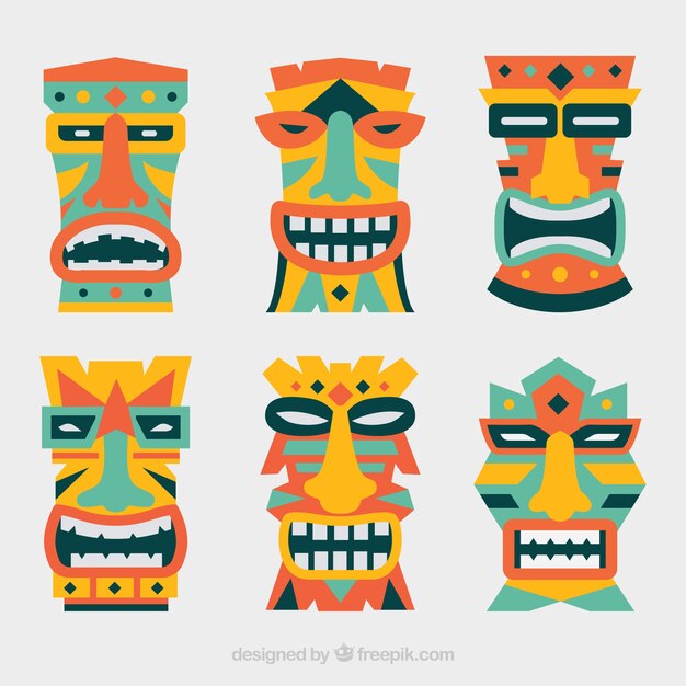 Conjunto colorido de máscaras tiki con estilo