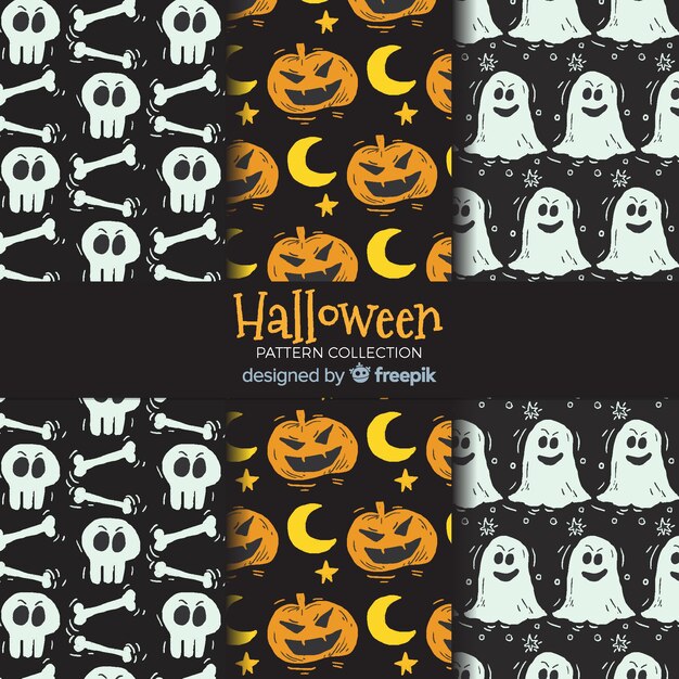 Conjunto colorido de patrones de halloween dibujados a mano