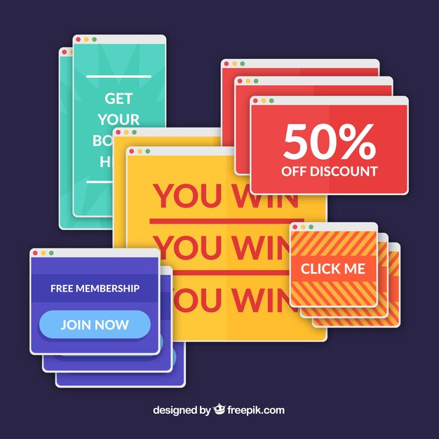 Conjunto colorido de pop ups molestos con diseño plano