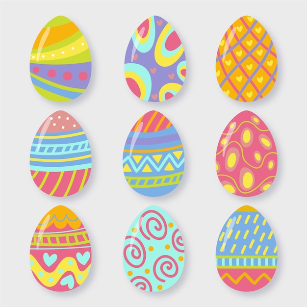 Conjunto de coloridos huevos de pascua diseño plano