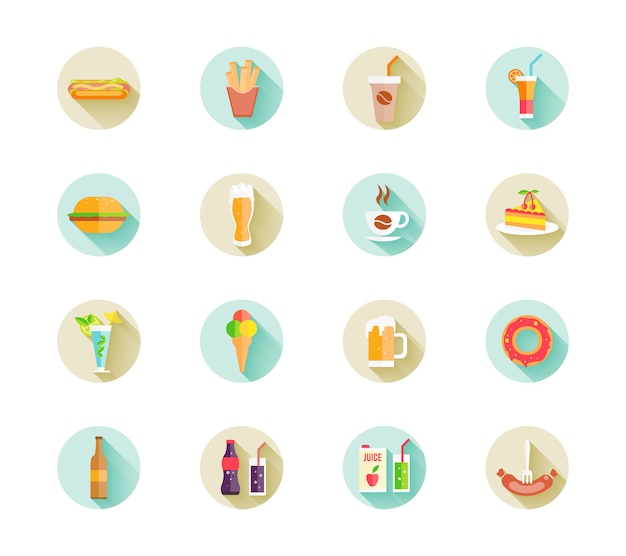 Conjunto de coloridos iconos de comida rápida en botones web con diversas bebidas y alimentos, incluida la hamburguesa