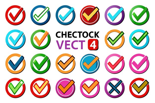 Un conjunto de coloridos iconos de marca de comprobación en diferentes diseños
