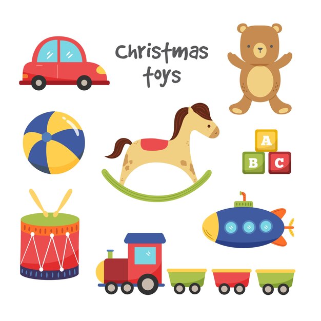 Conjunto de coloridos juguetes navideños dibujados a mano