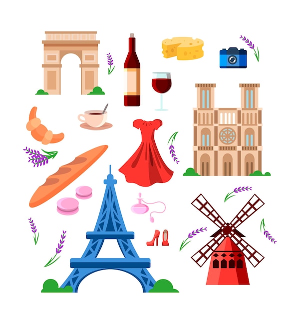 Conjunto de coloridos monumentos de Francia y símbolos de viaje