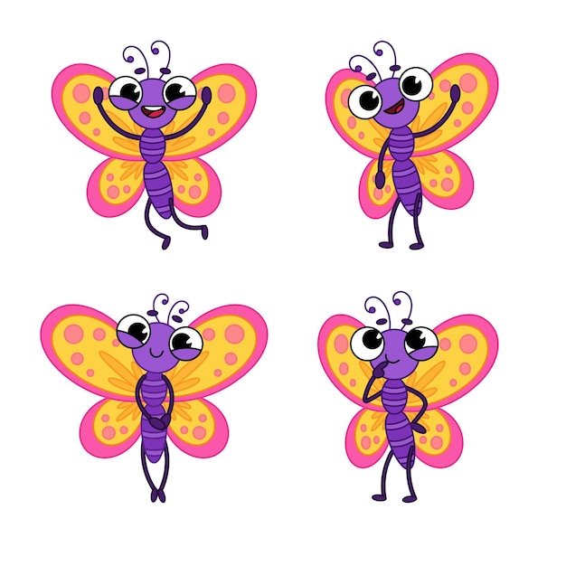 Vector gratuito conjunto de coloridos personajes de mariposas de dibujos animados en diferentes acciones