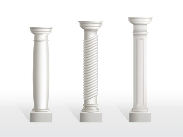 Conjunto de columnas antiguas aisladas. Pilares adornados de piedra clásicos antiguos de la arquitectura romana o de Grecia para el interior o la fachada. Carpintería elementos vintage ilustración vectorial realista 3d