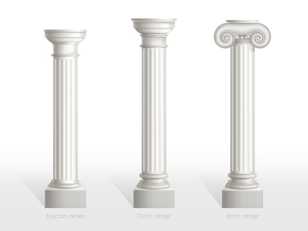 Conjunto de columnas antiguas de orden toscano, dórico y jónico aisladas. antiguos pilares ornamentados clásicos de la arquitectura romana o grecia para la decoración de fachadas ilustración realista de vector 3d