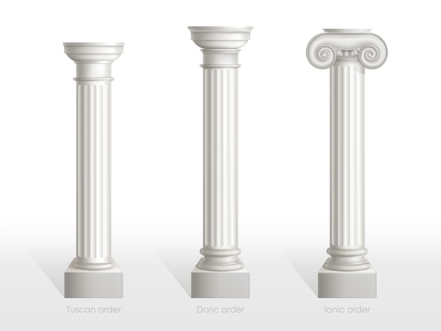 Conjunto de columnas antiguas de orden toscano, dórico y jónico aisladas. Antiguos pilares ornamentados clásicos de la arquitectura romana o grecia para la decoración de fachadas Ilustración realista de vector 3d