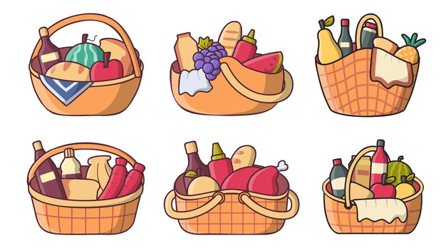 Conjunto de comida, bebida y fruta tipo verious en dibujo de cesta de picnic aislado en ilustración de vector de fondo blanco