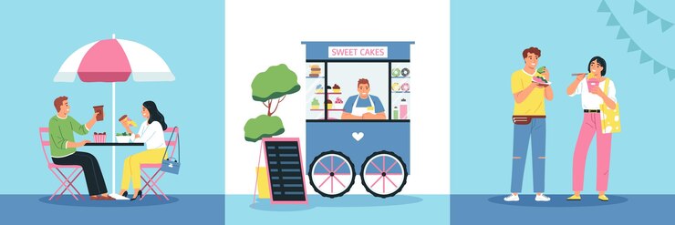 Vector gratuito conjunto de comida callejera de tres composiciones cuadradas con hombre y mujer sentados a la mesa comiendo comidas ilustración vectorial
