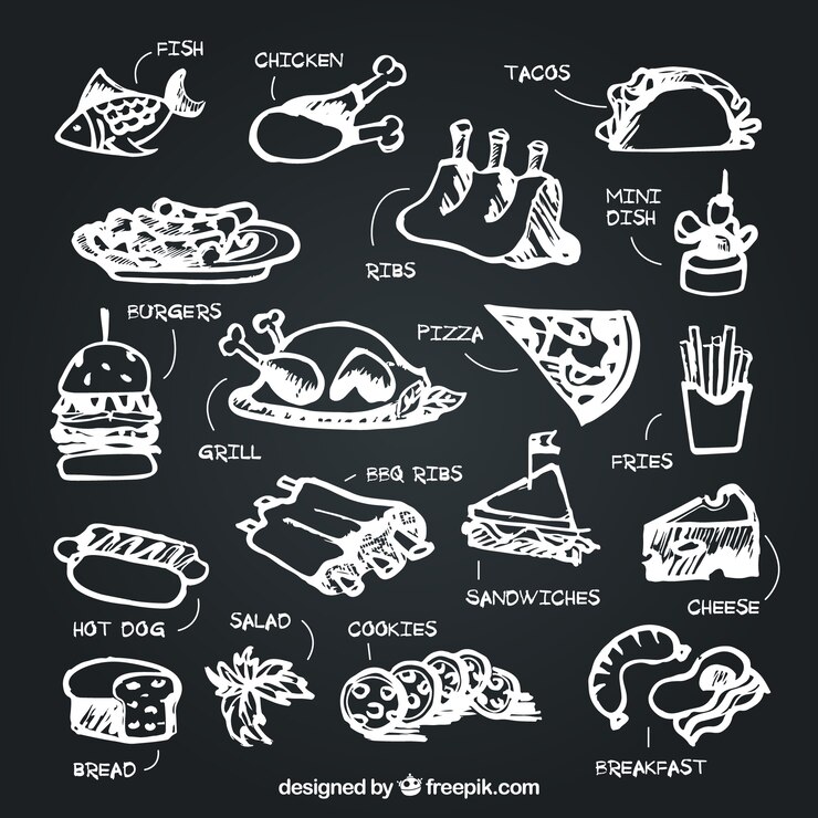 Vector gratuito conjunto de comida con descripción en estilo de tiza