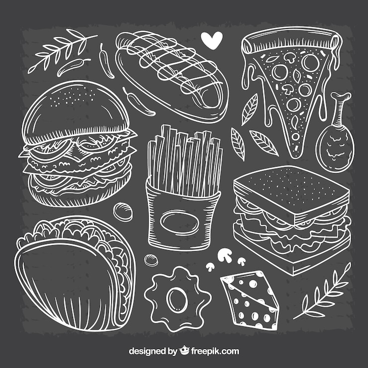 Vector gratuito conjunto de comida dibujada a mano en pizarra