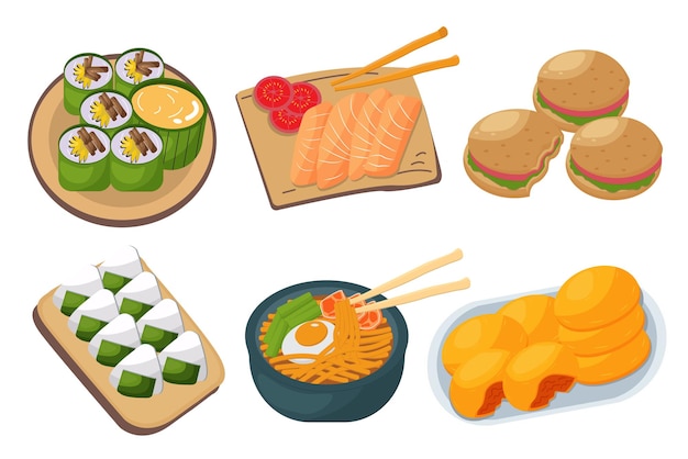 Conjunto de comida japonesa aislado sobre fondo blanco conjunto de iconos de diseño gráfico para publicidad, ilustración vectorial