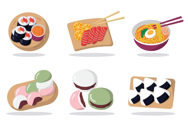 Vector gratuito conjunto de comida japonesa aislado sobre fondo blanco conjunto de iconos de diseño gráfico para publicidad, ilustración vectorial