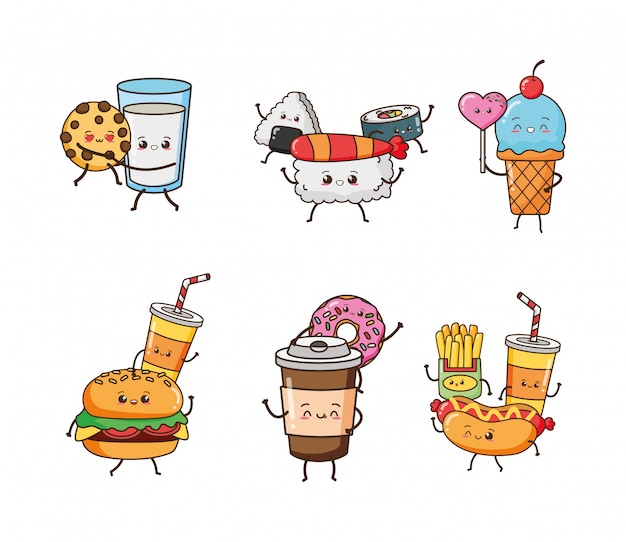 Conjunto de comida kawaii feliz, ilustración