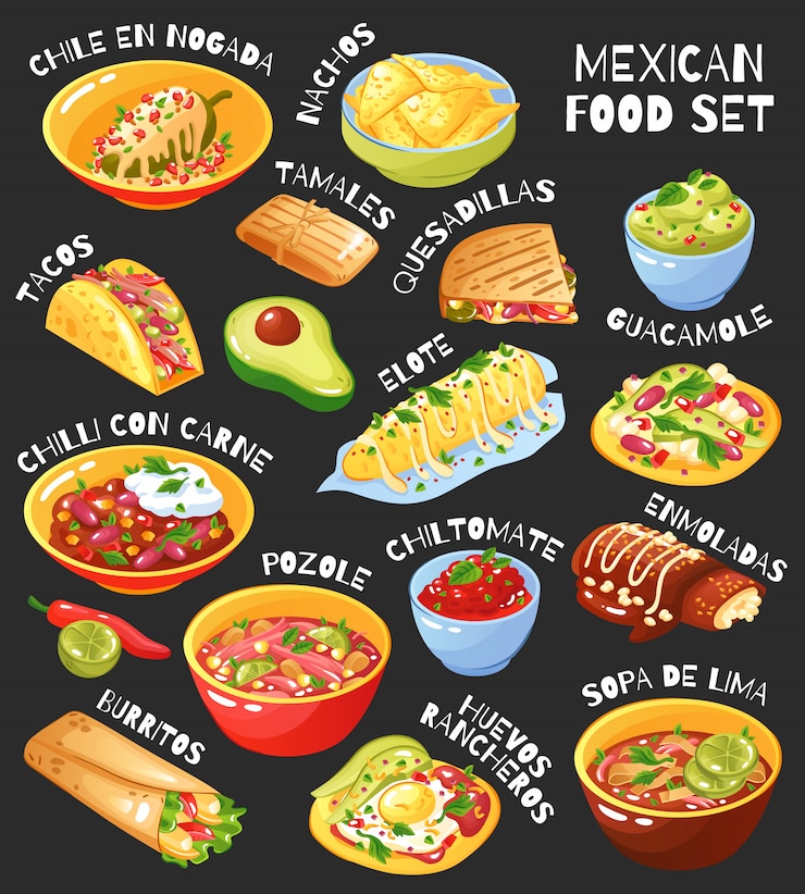 Vector gratuito conjunto de comida mexicana pizarra