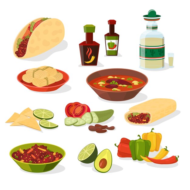 Conjunto de comida mexicana. Taco y bebida, menú almuerzo y pimiento y carne, burrito y chile.