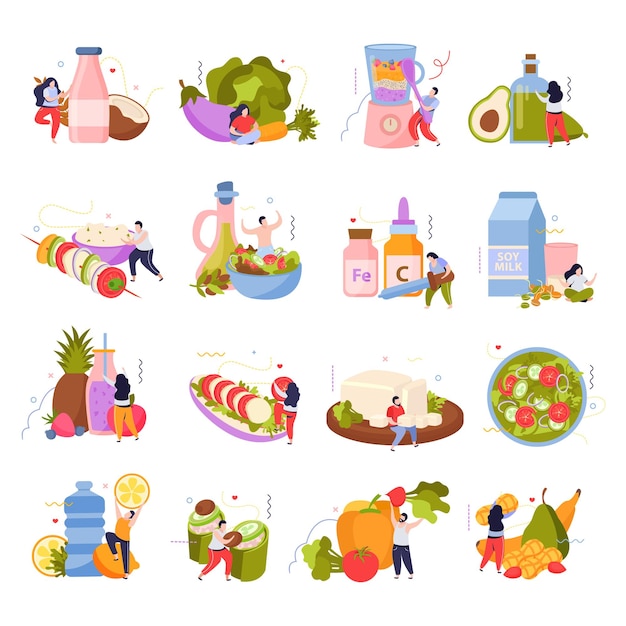 Conjunto de comida vegana de íconos aislados y composiciones de personajes humanos con platos vegetales y productos ilustración vectorial