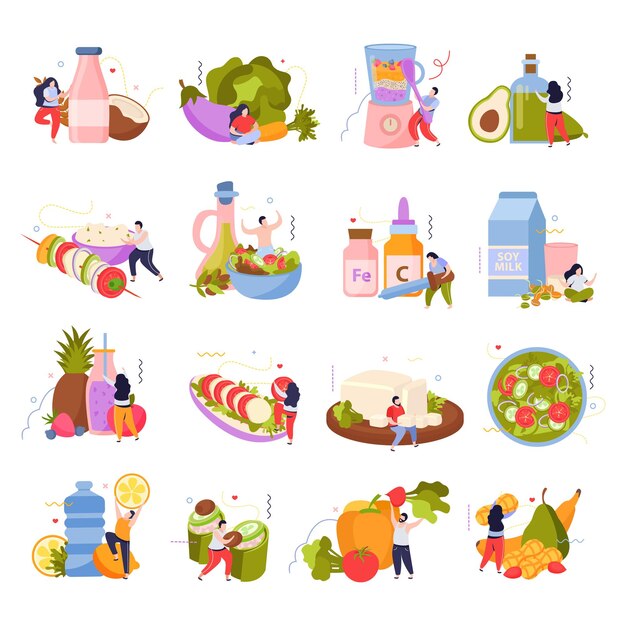 Conjunto de comida vegana de íconos aislados y composiciones de personajes humanos con platos vegetales y productos ilustración vectorial