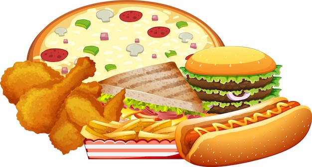 Conjunto de comidas rápidas sobre fondo blanco.