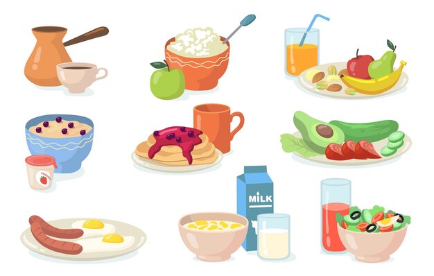 Conjunto de comidas saludables para el desayuno. Ilustración plana