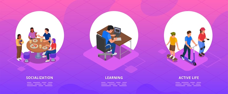 Vector gratuito conjunto de composición de adolescentes con símbolos de vida activa ilustración vectorial aislada isométrica