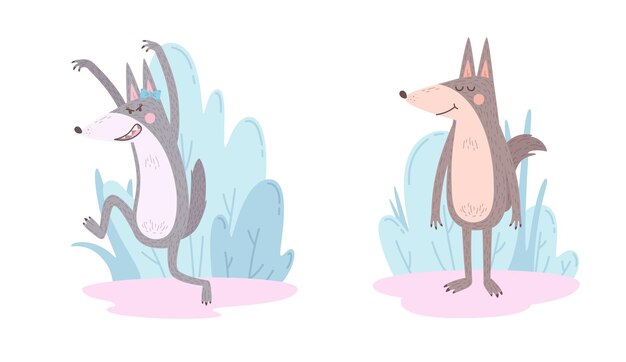 Conjunto de composición de dibujos animados de lobo lindo de dos personajes animales masculinos y femeninos en diferentes poses ilustración vectorial aislado