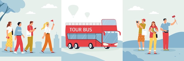 Conjunto de composición de excursión con símbolos turísticos ilustración vectorial aislada plana