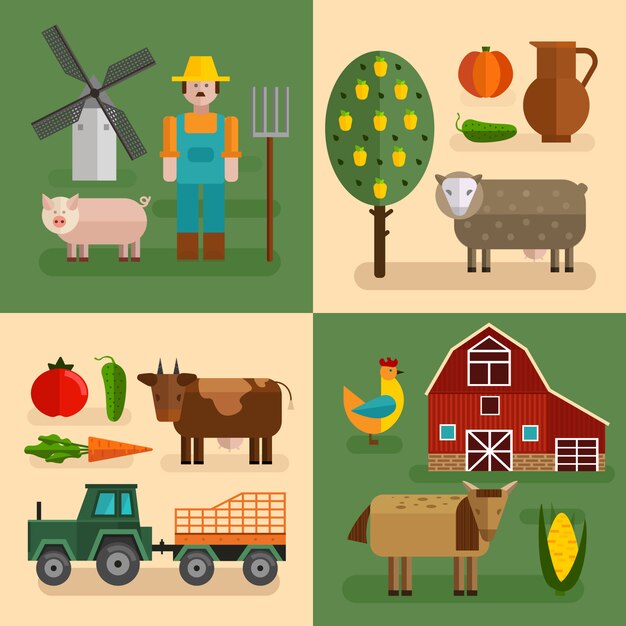 Conjunto de composición de granja plana cuadrada con diferentes tipos de granja