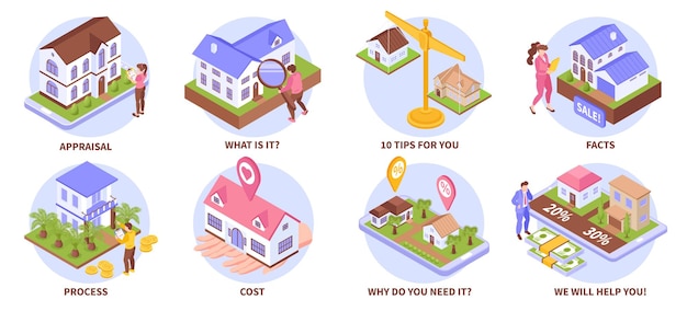 Conjunto de composición isométrica de tasación de bienes raíces con comparación de casa y símbolos de costo de apartamento ilustración vectorial aislada