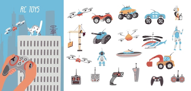 Conjunto de composición de juguetes de control con símbolos de transporte y drones ilustración vectorial aislada plana