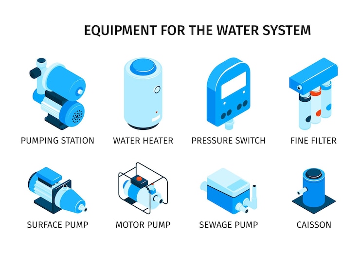 Vector gratuito conjunto de composición de maquinaria de bombas con calentador de agua y símbolos de filtro ilustración vectorial aislada isométrica