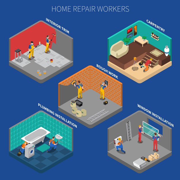 Conjunto de composición de personas de trabajador de reparación de hogar