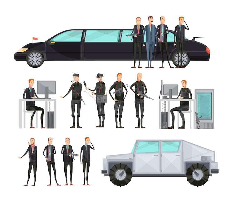 Vector gratuito conjunto de composición plana de la agencia de inteligencia plana de color con empleados que brindan ilustración de vector de seguridad