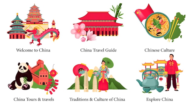 Conjunto de composición plana de China con monumentos chinos y símbolos culturales ilustración vectorial aislada