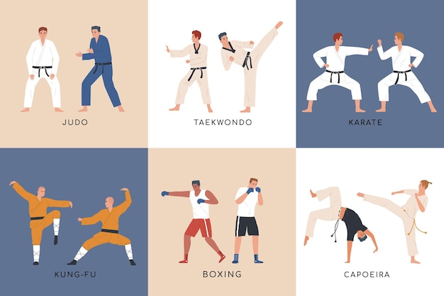 Conjunto de composición plana de luchadores con maestros de boxeo, judo y karate, ilustración vectorial aislada