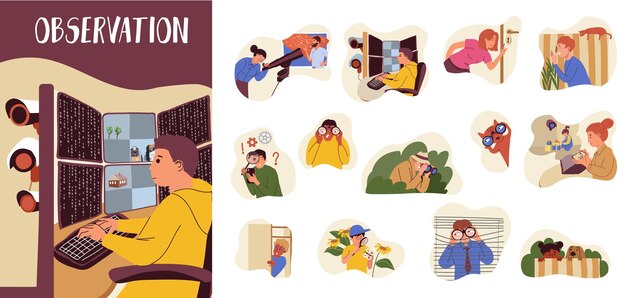 Conjunto de composición plana de observación de personas y animales que observan y miran furtivamente en diversas situaciones ilustración vectorial aislada