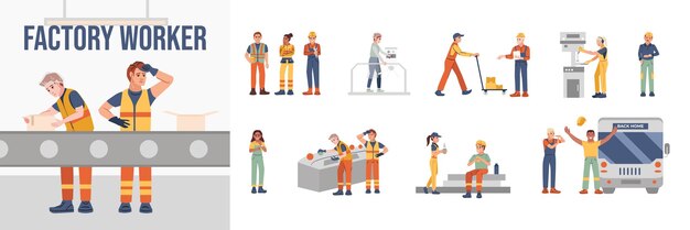 Conjunto de composición plana de trabajadores de fábrica durante su jornada laboral ilustración vectorial aislada