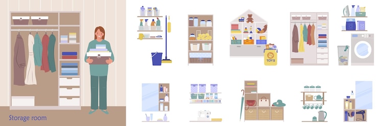 Vector gratuito conjunto de composición plana de varios elementos interiores de trasteros ilustración vectorial aislada