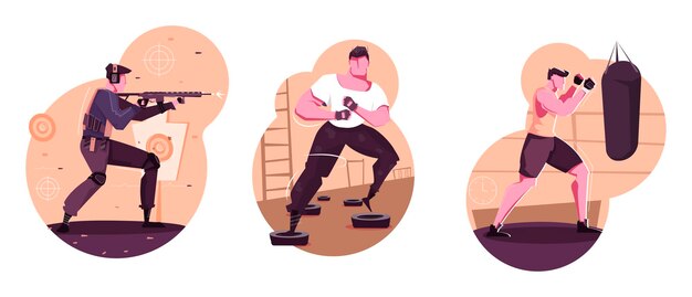 Conjunto de composiciones aisladas de entrenamiento militar de hombres adultos deportivos boxeo disparos combatiendo