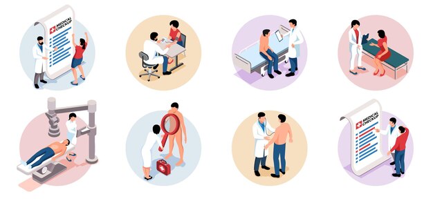 Conjunto de composiciones aisladas isométricas con pacientes masculinos y femeninos durante el chequeo médico en el hospital ilustración vectorial 3d