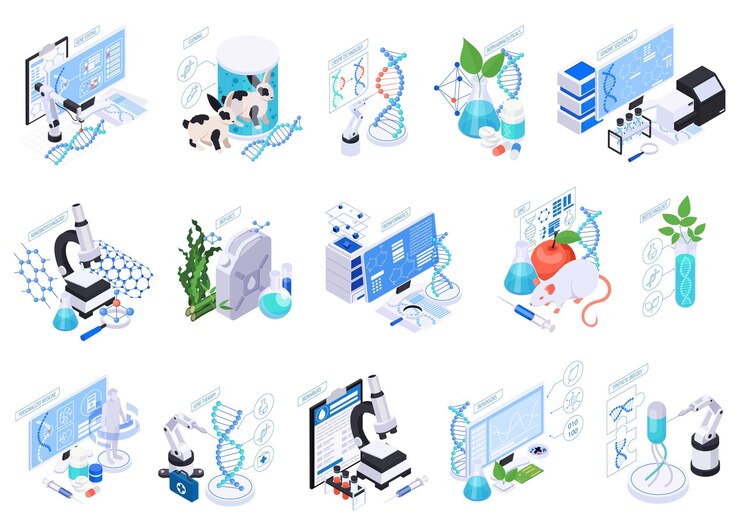 Vector gratuito conjunto con composiciones biotecnológicas aisladas de iconos isométricos con estructuras moleculares de equipos de laboratorio e ilustraciones vectoriales de lugares de trabajo informáticos