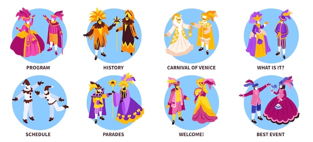 Conjunto de composiciones de carnaval de disfraces venecianos isométricos con texto y diferentes atuendos para el carnaval de venecia ilustración vectorial