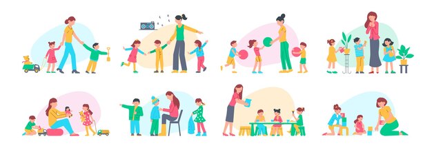 Conjunto de composiciones de color de jardín de infantes con personajes humanos estilo garabato de maestra de guardería jugando con niños ilustración vectorial