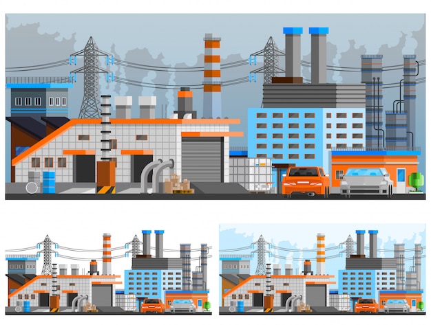 Conjunto de composiciones de edificios industriales