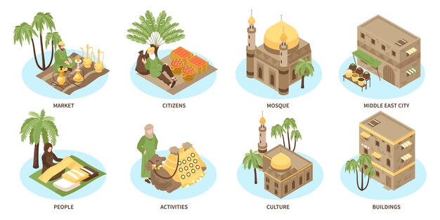 Conjunto de composiciones isométricas de la ciudad de Oriente Medio de mercado mezquita hito cultural ciudadanos personas actividades aisladas ilustración vectorial