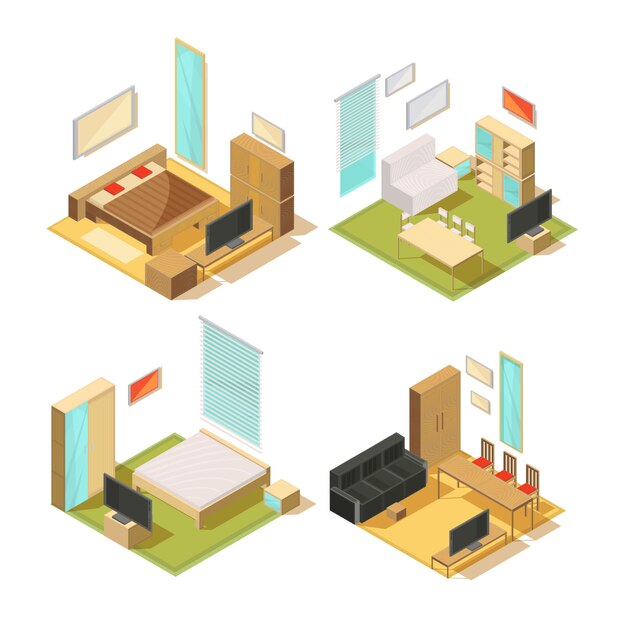 Conjunto de composiciones isométricas de muebles de interior de sala de estar con sofás armarios espejos mesas mesas y TV ilustración vectorial