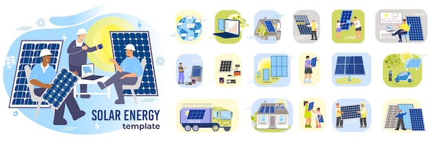Conjunto de composiciones planas de energía solar aisladas con personajes de iconos de trabajadores de instalación de paneles eléctricos ilustración vectorial